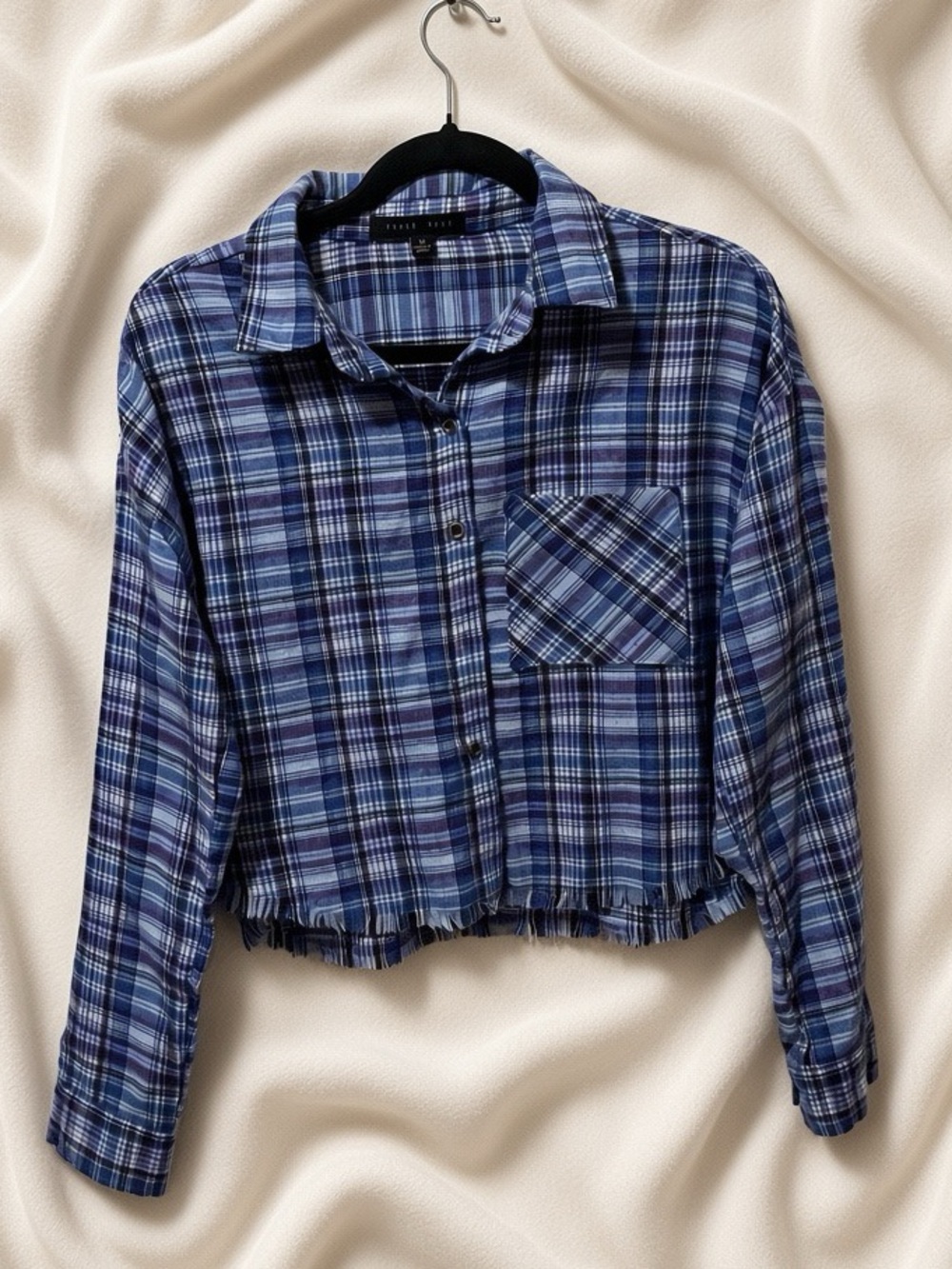 Blue Plaid Cropped Button-Down Shirt
